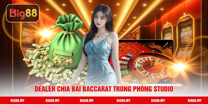 Dealer chia bài baccarat trong phòng studio